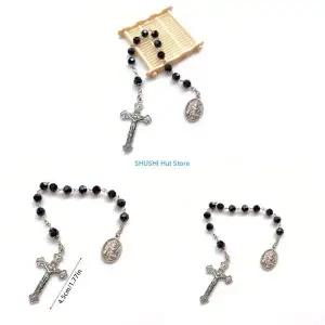 십자가에 못 박히신 신비한 검은 색 크리스탈 묵주 팔찌 세련된 유엔 기독교 보석 신앙과 힘의 상징 d57b