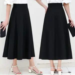 여자 EY68XD69 단정한 플레어 A라인 허리 밴딩 블랙 롱 스커트