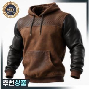 남성 빈티지 브라운 후디 가죽 트림 펀칭 디테일 레트로 스트리트웨어 풀오버 밀리터리 워크웨어 스타일 가