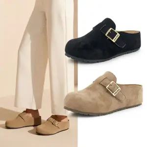 젠틀러슈 여성 블랙 베이지 스웨이드 버클 클로그 겨울 슬리퍼 뮬 슈즈