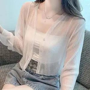 여성 크롭 시스루 여름 긴팔 레이어드 가디건 크롭시스루가디건