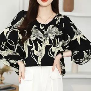 가을여성블라우스 플라워 셔링 긴팔 블라우스 A라인 언발기장 벌룬소매
