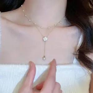 여자 고급 우정 레이어드 두줄 플라워 진주 목걸이-WFI8702
