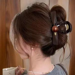 여성 진주 장식 리본 포인트 똥머리 헤어집게핀