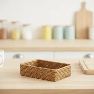 미얀마 라탄 스몰 직사각 바구니 (M) 인테리어 수납 바스켓 트레이 다용도 소품 정리함