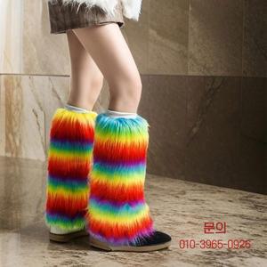 숙녀를위한 부드러운 모피 레그 워머 세련된 겨울 무지개 다채로운 부츠 커버 15cm