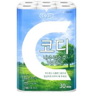 코디 내추럴순수 3겹 데코 30롤 1팩 쌍용씨앤비 롤휴지 두루마리