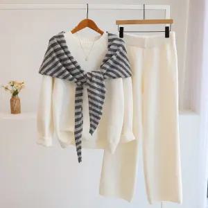 [잇수다] (SET) 셰임 라운드 울 니트 + 스트라이프 숄 + 밴딩 팬츠 쓰리피스 세트