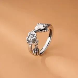 소원성취 행운 연꽃 물고기 비단잉어 은 오픈 반지 행운반지 불교반지 성공 소원청취