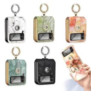 유니블링 갤럭시 z플립4 큐빅 골드 핑거 링 마블 가죽 케이스