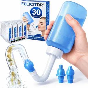 조절 가능한 압력의 블루 코 헹굼 병 300mL - 30개의 식염수 패킷과 듀얼 노즐이 있는 스마트 에어 밸브