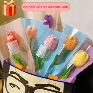 1개 튤립 크로셰 꽃 인공 직조 수제 웨딩 선물 손님용 장식 홈 발렌타인