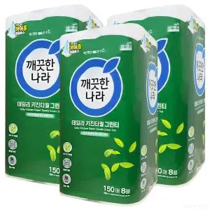 깨끗한나라 데일리 키친타월 그린티 150매 8롤 3팩