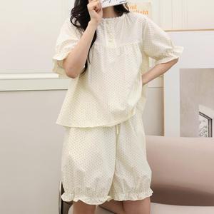 미니도트프릴 단추레이스배색 투피스 잠옷세트 반팔면 반바지 상하의 여성파자마