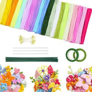 500 PCS 파이프 클리너 공예품, 손잡이가 달린 꽃 키트, 지침, 예술 및 공예 용품이 포함된 20가지 색상의 샤닐 스템, 컬러 벌크