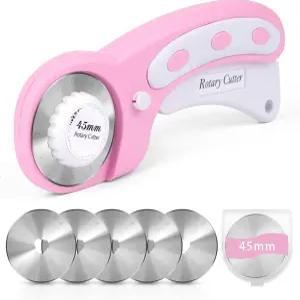 원단용 45mm 회전 커터 5개의 칼날이 추가된 원단 재봉 퀼팅 가죽 및 공예 프로젝트용 롤러 세트(핑크)