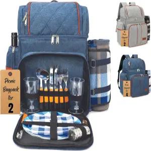 캠용 라누니 백팩 단열 쿨러백과 병 가 포함된 바구니 가벼운 담요와 가족 커플 및 하이킹용 식기 세트가
