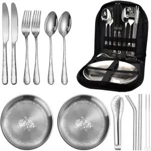 샤오유 16피스 피크닉 접시 메탈 캠핑 실버웨어 세트 휴대용 케이스 식기 2인용 포크 나이프 숟가락 빨대