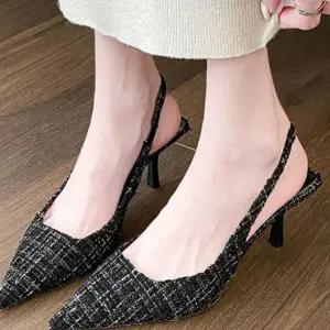 플랫슈즈 여성 트위드 소재 슬링백 스틸레토 플랫