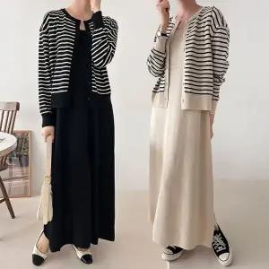 여성 니트 단가라 가디건 나시 롱 원피스 세트 투피스 셋업 -WSST0096- 봄 가을
