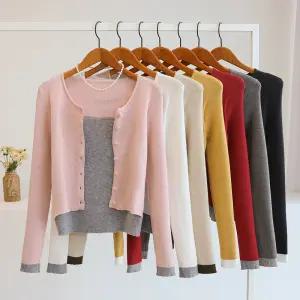 [잇수다] 미하루 배색 이너 레이어드 라운드 니트 가디건