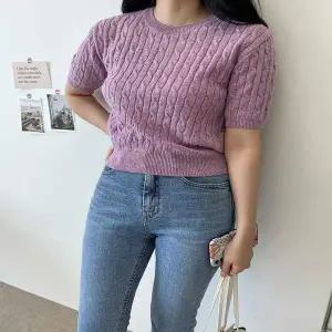 여성 XS64FI63 니트 크롭 캐주얼 티셔츠 꽈배기 캐시울 반팔