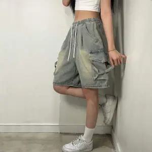 5부 AD40OC16 카펜터 버뮤다 카고 데님 팬츠 남녀공용 빈티지 워싱 청 반바지 밴딩 벌룬 와이드