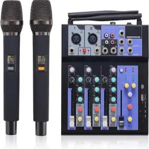 듀얼 무선 마이크 4채널 믹서 보드 사운드 DJ 콘솔 시스템 MP3 블루투스 48V 팬텀 전원 USB 인터페이스를