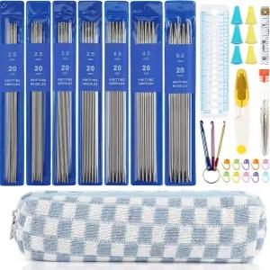 Aelike 35pcs 짧은 뜨개질 바늘 세트 금속 - 이중 뾰족한 스테인리스 스틸 케이스와 큰 눈 스티치 마커