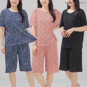 이너퀸 프리수 여성용 플리츠 꽃 주름 플라워 꽃무늬 여름 시원한 스판 잠옷 홈웨어 이지웨어 반팔 반바지 상하의 세트 플리츠주름세트