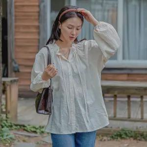 프릴 라운드넥 리본끈 블라우스 퍼프 긴팔 여성 빅사이즈
