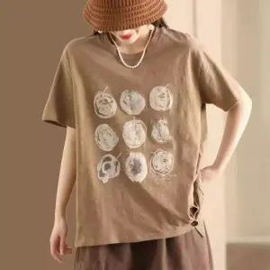 후니오 여성프린트티셔츠 프린트티 여름 앤티크 프린트 면 반팔티 루즈핏 라운드 탑 캐주얼 맨투맨 힛템