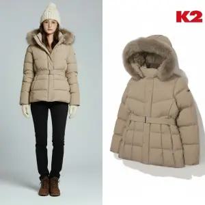 [백화점 출고] K2 패딩 여성 시그니처 도로시 베이지 허리 벨트 날씬해 보이는 털 퍼 후드 숏 점퍼 자켓