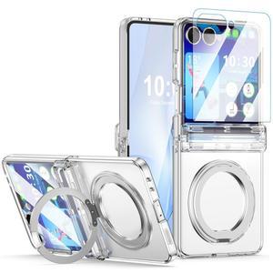 삼성 갤럭시 Z 플립 7 전용 케이스 자석 경첩 보호 및 화면 보호기 킥스탠드 [MagSafe와 호환], Flip 7용 슬림 폰 커버 - 투명