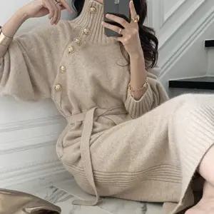 럭셔리 금장버튼 하이넥원피스 여성 하이넥원피스 금장원피스 겨울원피스 버튼원피스