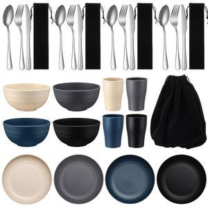 티니유 4인용 캠핑용 메시 키트 4종 세트 캠핑용 실버웨어 세트 컵, 그릇, 접시, 나이프, 숟가락, 포크 커틀러 여행용 깨지지 않는 밀짚 식기 세트 식기류 포함