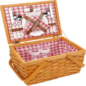 피크닉 바구니 세트 2인용 접이식 손잡이와 뚜껑이 있는 직조 우드칩 식기용 커틀러가 빨간색 및 흰색 깅엄