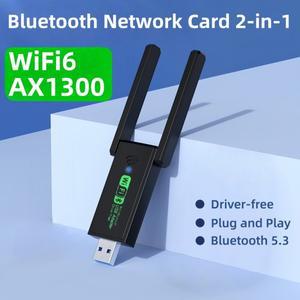 1300Mbps USB 어댑터 WiFi 6 블루투스 5.3 네트워크 카드 듀얼 밴드 2.4G/5GHz 드라이버 프리 무선 수신기