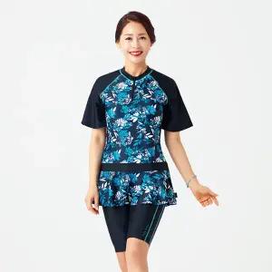 베이직엘르 여성인 플라워 중년 수영복 롱 플레어 반팔 래쉬가드 세트 BEL-R224K