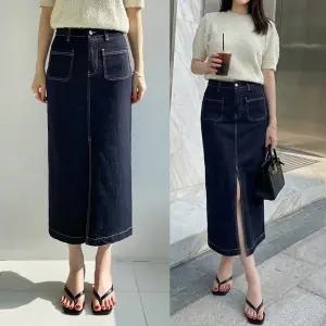 봄 논페이드포켓스커트 하우룩 생지 앞트임 포켓 미디롱 스커트