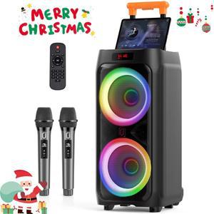 T9 노래방 기계, 2개의 무선 마이크 포함, 듀얼 8인치 서브우퍼 대형 블루투스 스피커, 최대 출력 500W