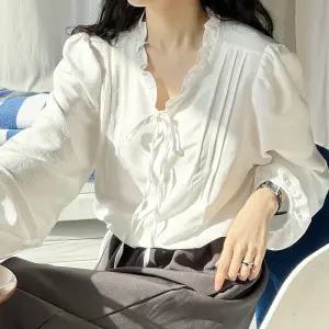 프릴 브이넥 타이 블라우스 핀턱 퍼프 긴팔 여성 빅사이즈