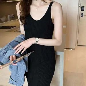 슬림핏 긴나시 원피스 날씬해 보이는 브이넥 드레스 (KYR-WAC1C84)