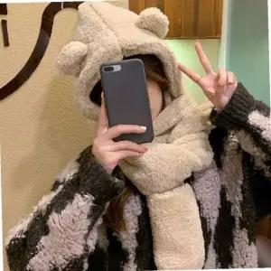 곰돌이 양털 후드 일체형 뽀글이 방한용품 후드머플러