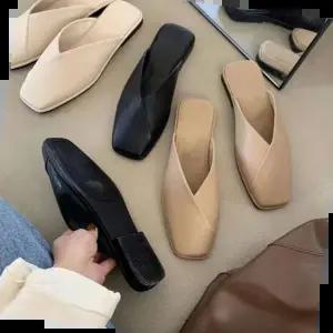 크로스 사각 스퀘어 여성 낮은 굽 뮬 슬리퍼 블로퍼