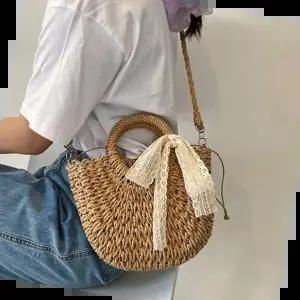 펀칭백 왕골 라탄 토트백 탈부착 리본 장식 여름 패션가방