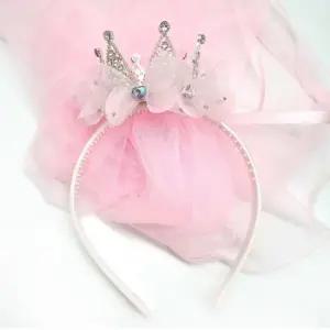 파티 큐빅 왕관 레이스 면사포 티아라 헤어밴드 핑크 유아헤어핀 악세사리세트