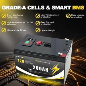 12V 18650 200Ah 리튬 배터리 LiFePO4 4000+ 딥 사이클 내장형 BMS