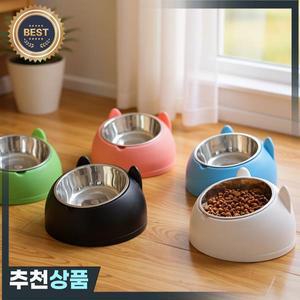 1개 스테인리스 고양이 식기 귀여운 귀 받침대가  경사진 음식  물 그릇 목 보호 디자인