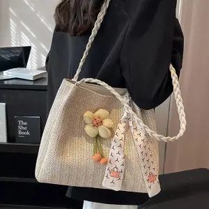 여성 외출 패션 가방 왕골 플라워 포인트 숄더백